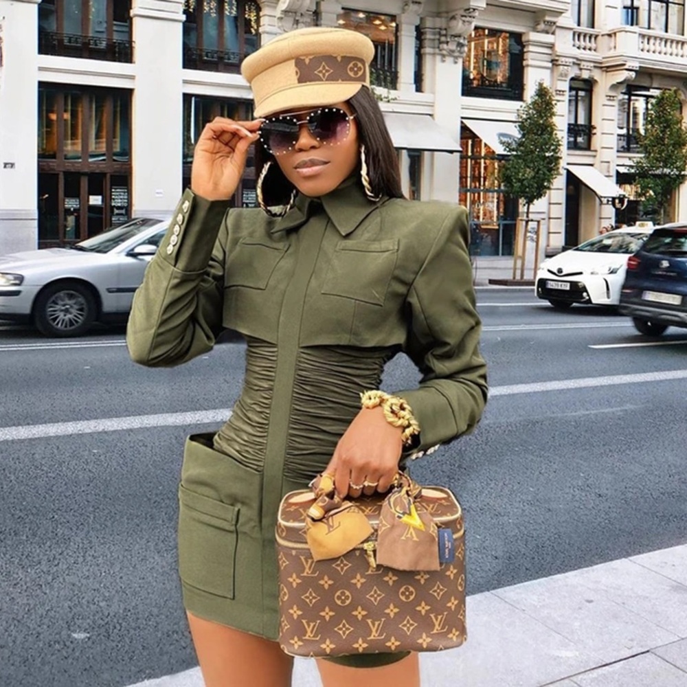 Green Long Sleeve Girdle High Waist Fall Winter Mini Dress